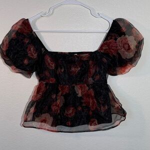 Thirty/Thirty LA Elegant Floral Puff Sleeve Crop Blouse Size S